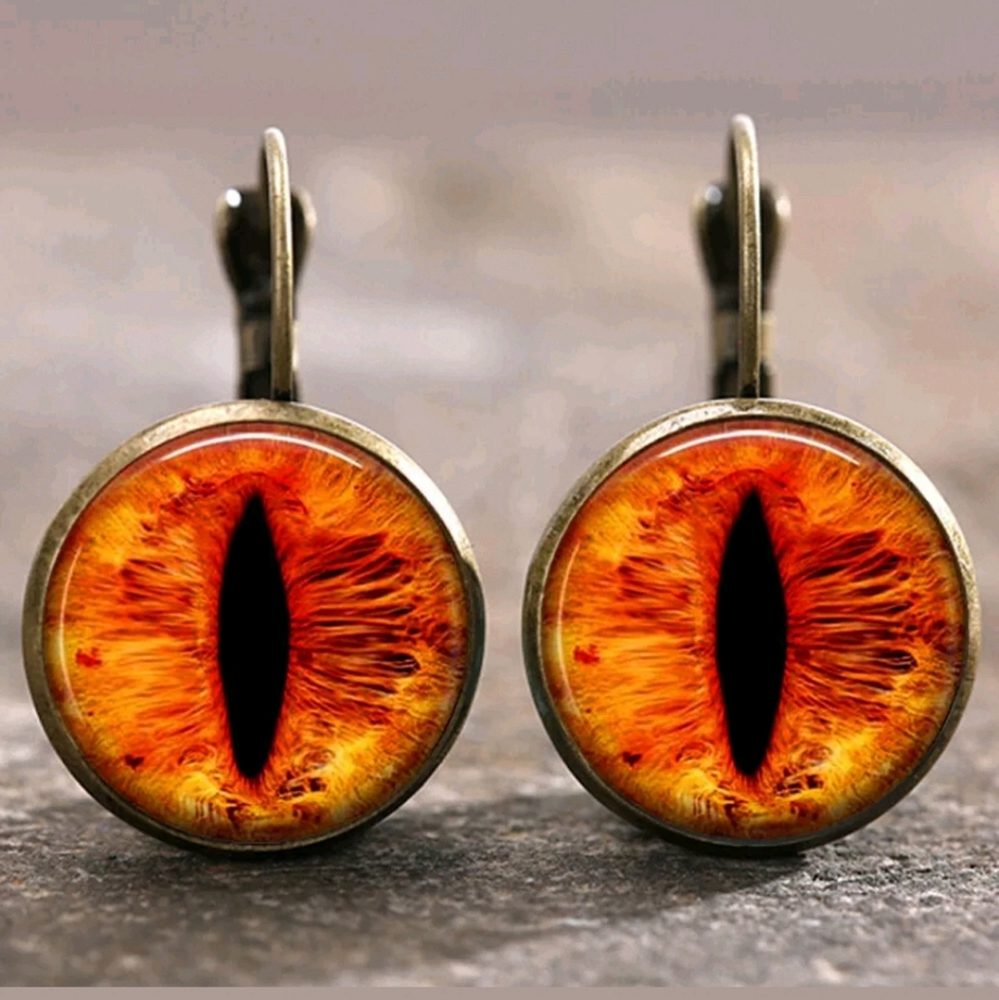 New Orange Dragon Eyes Glass Cabochon Bronze Earrings.